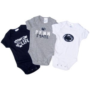 onesie body suits with Penn State graphics, 3 pack